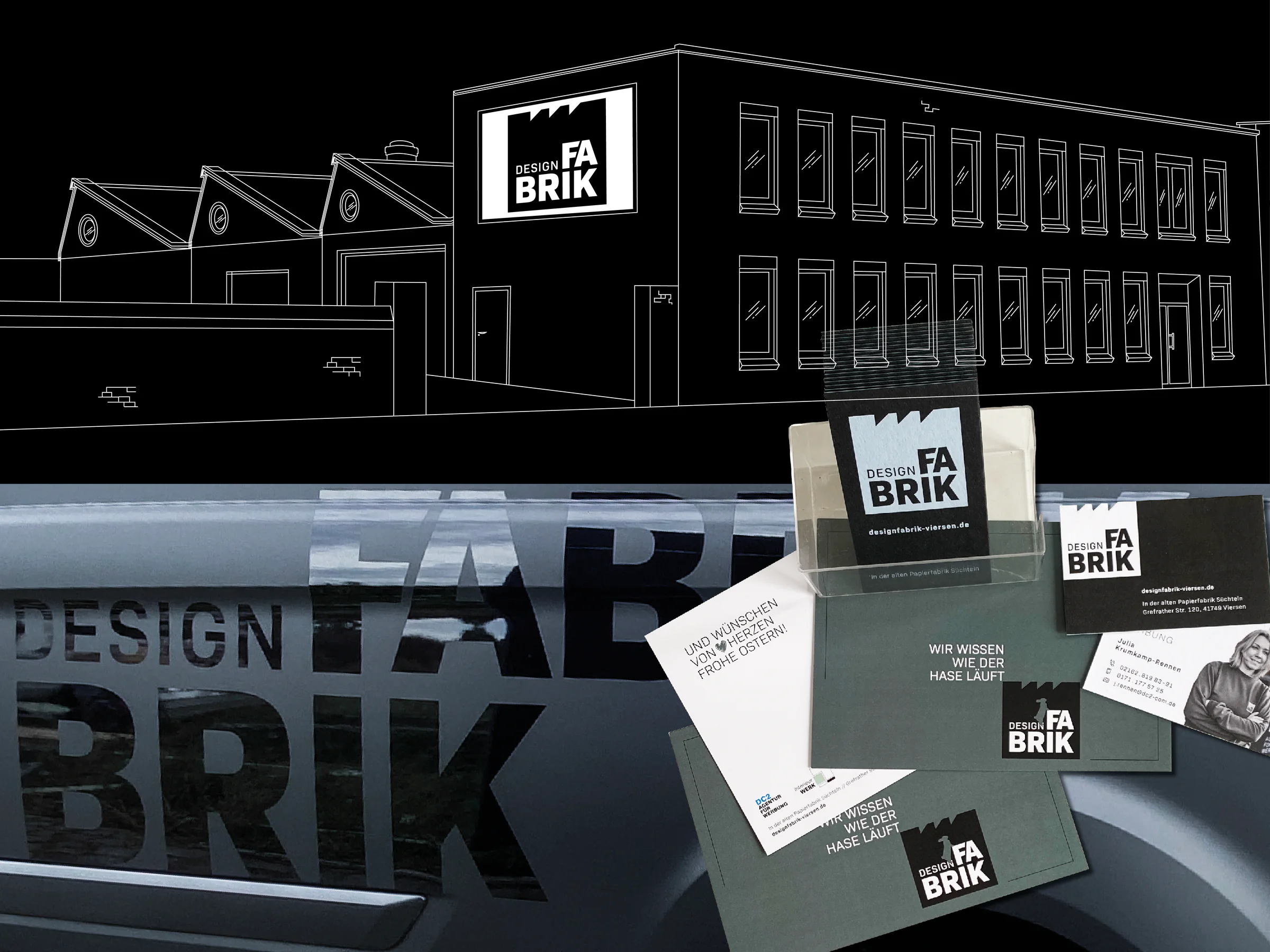 Designfabrik mit Außenansicht, Beschriftung und Geschäftsausstattung in einer Bildcollage